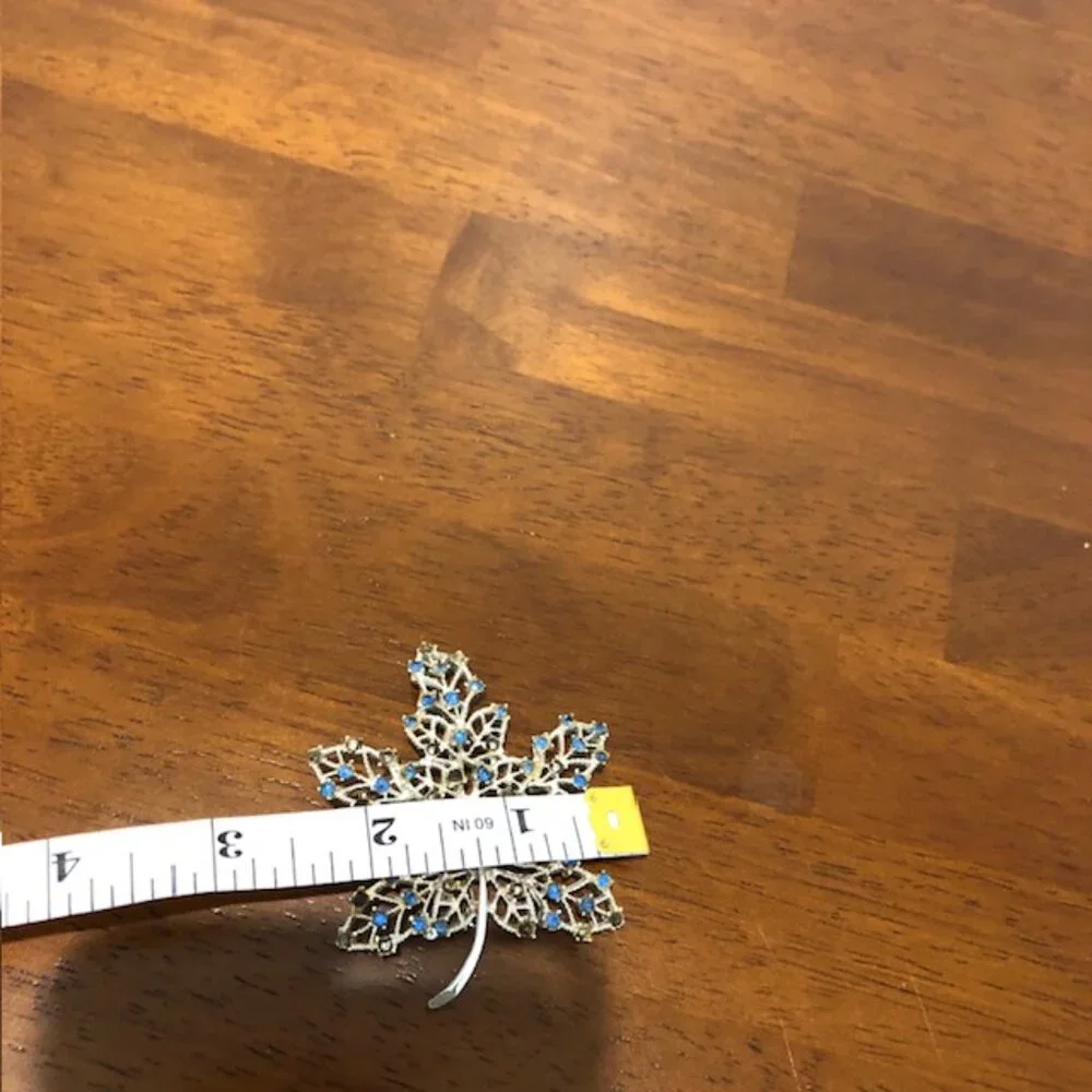 Silver Tone Blue Rhinestone Oversized Leaf Brooch Pin